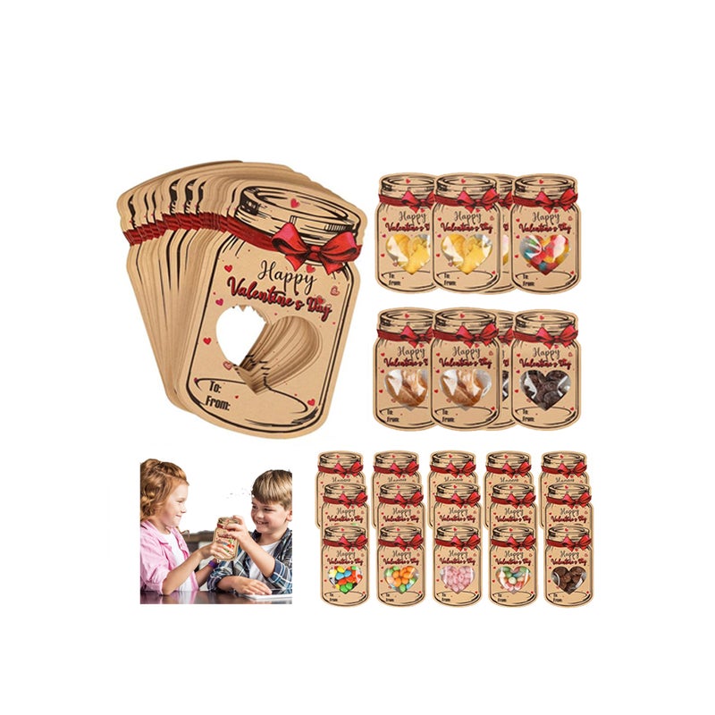 Valentines Day Cards for Kids School,50PACK DIY Happy Valentines Day Mason Jar Cards w/ Treat Bags,Funny Face Mason Jar Valentine Gift Card for Boys Girls School Class Classroom Exchange Party Favors - Image 1